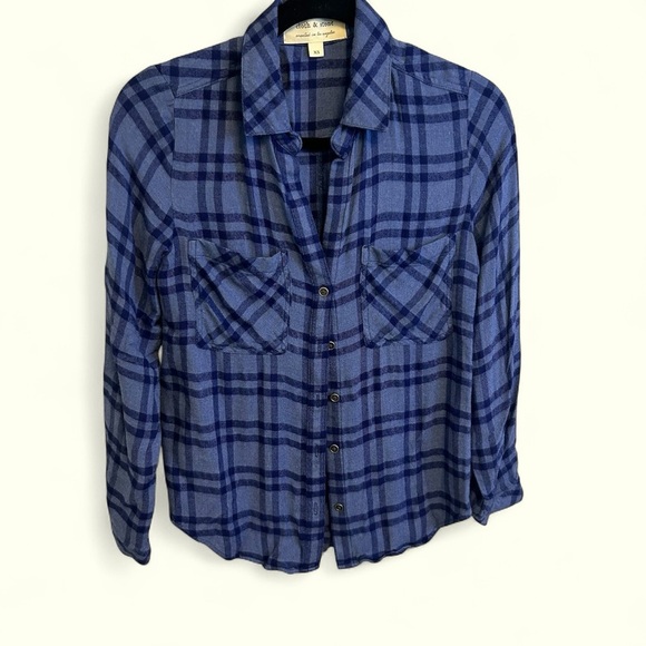 Cloth & Stone roll tab retro preppy blue plaid ladies top size XS cozy y2k - Picture 1 of 10